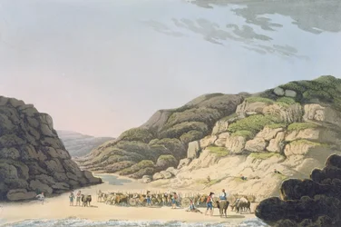 Creek of Maceira, julkaisusta "Maa-, hahmo- ja pukuluonnokset Portugalissa ja Espanjassa, tehty kampanjan aikana ja brittiarmeijan reitillä vuosina 1808 ja 1809", kaiverrettu I. Clark,